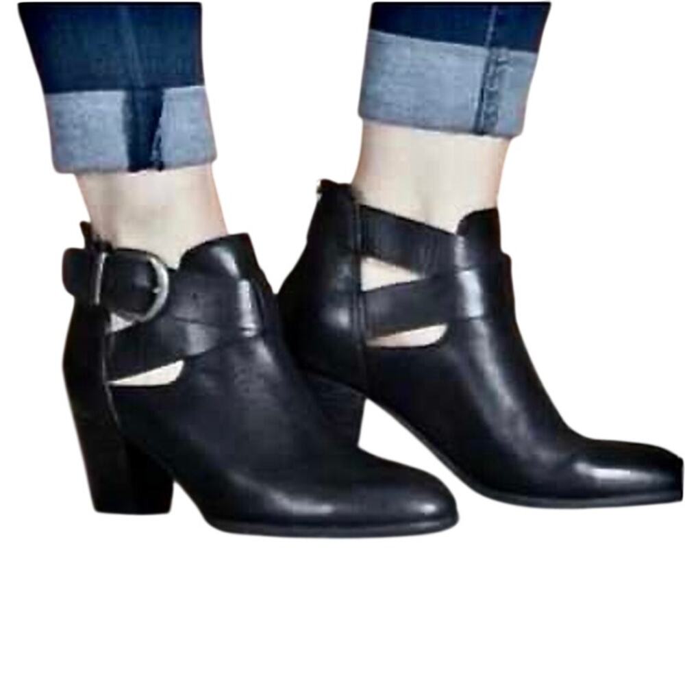 Vionic Rory Black Leather Zip Ankle Boots Booties Block Heel Biker Comfort Goth